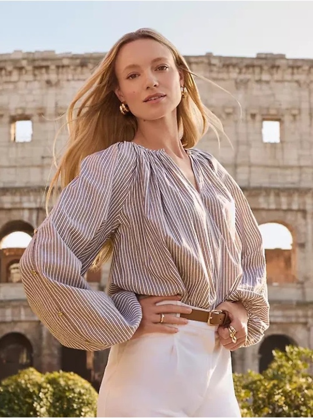 LOFT Striped Peasant Blouse in Taupe and White